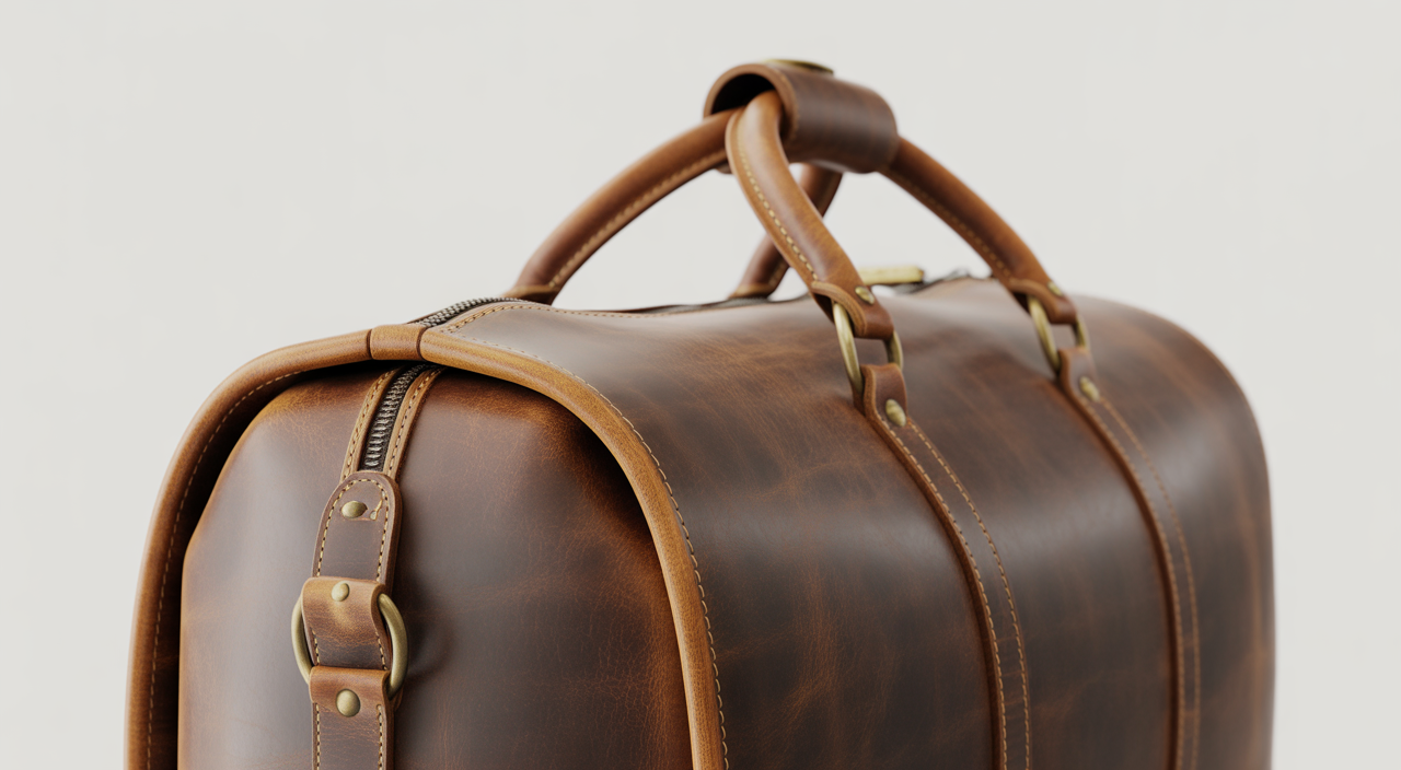 A classic vintage leather duffle bag for men, showcasing durable full-grain leather and timeless design.