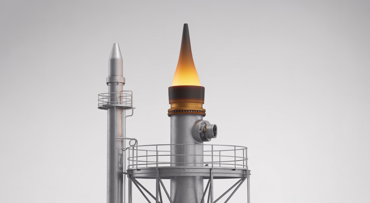 Industrial flare stack burning waste gases safely at a refinery