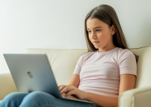 Confident teenage girl engaging in online therapy session at home using a laptop, representing telehealth for teens in Staten Island