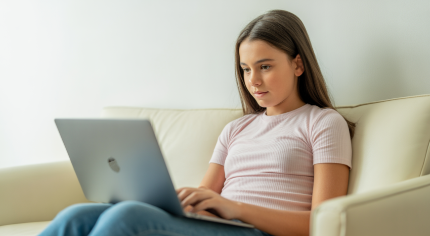 Confident teenage girl engaging in online therapy session at home using a laptop, representing telehealth for teens in Staten Island