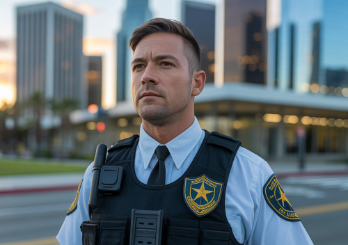 Security guard standing in front of Los Angeles building