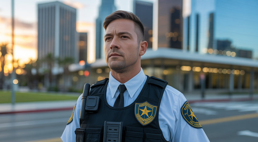 Security guard standing in front of Los Angeles building
