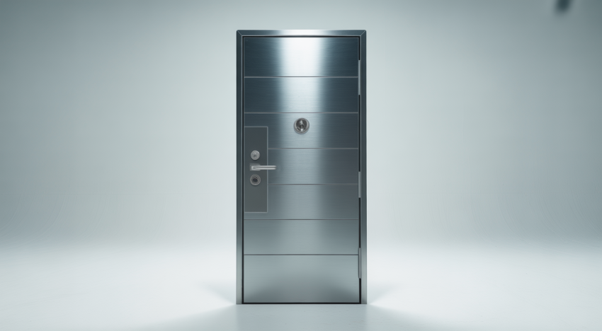 Steel security door protecting a home entrance