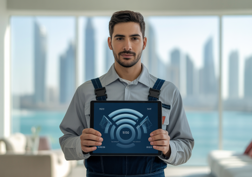 Professional handyman displaying transparent pricing on a tablet in a modern Dubai setting