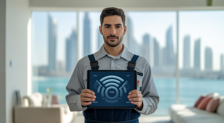 Professional handyman displaying transparent pricing on a tablet in a modern Dubai setting