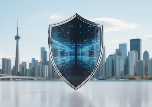 Digital shield protecting data over a Canadian city skyline, representing cybersecurity for Canadian businesses.
