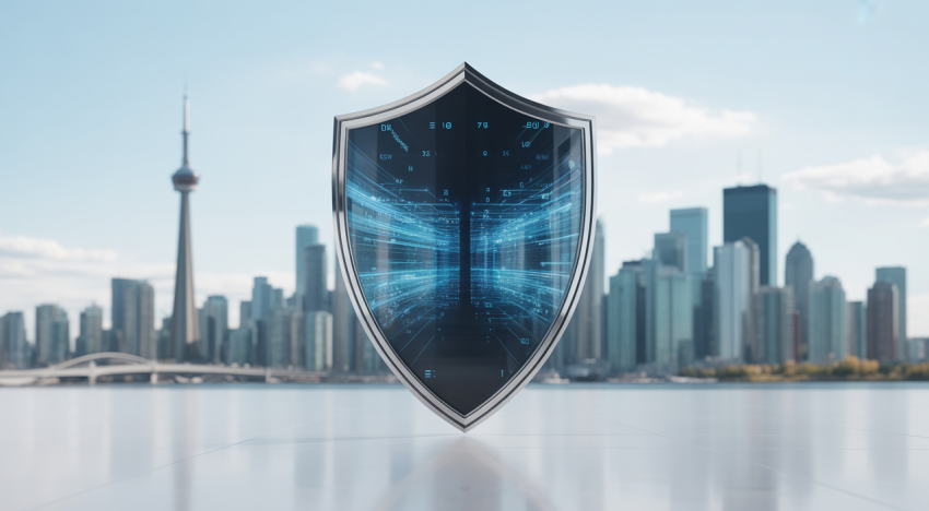 Digital shield protecting data over a Canadian city skyline, representing cybersecurity for Canadian businesses.