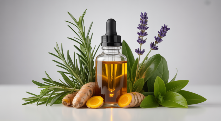 Natural herbal extract in a dropper bottle surrounded by fresh botanicals on a white background, symbolizing health and wellness.