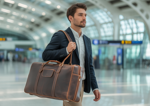 Stylish man carrying a vintage-style brown leather duffle bag in an airport