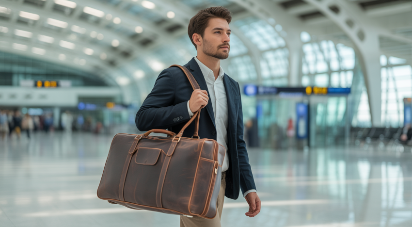 Stylish man carrying a vintage-style brown leather duffle bag in an airport