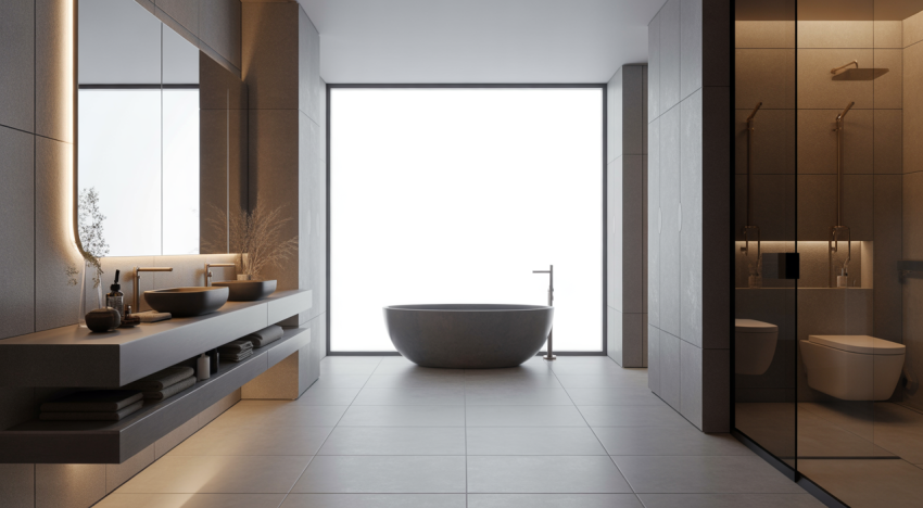 Luxurious modern bathroom interior design in Illinois by Aklarch, featuring clean lines and a floating vanity.