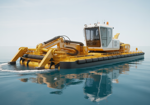 Modern hydraulic cutterhead dredge efficiently working in a pristine industrial lagoon, symbolizing advanced dredging solutions and operational efficiency.