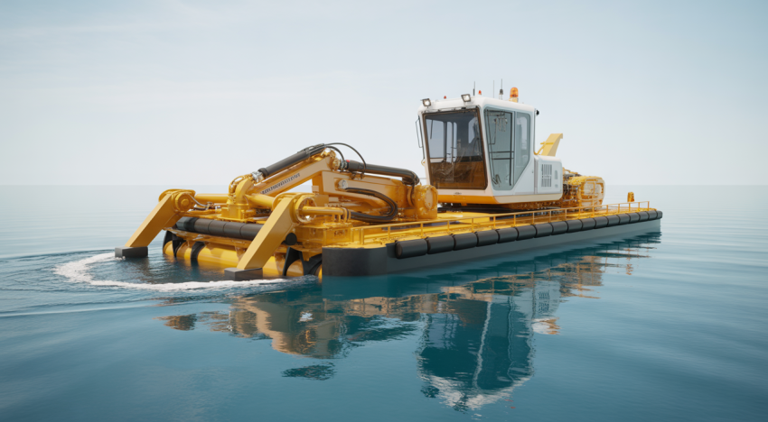 Modern hydraulic cutterhead dredge efficiently working in a pristine industrial lagoon, symbolizing advanced dredging solutions and operational efficiency.