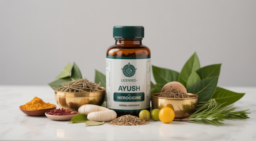 Photorealistic image of an AYUSH licensed herbal medicine bottle surrounded by Ayurvedic herbs on a clean white background