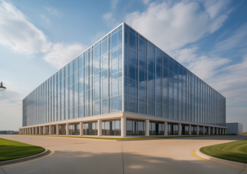 Photorealistic image of a modern commercial building in Iowa representing business property and casualty insurance