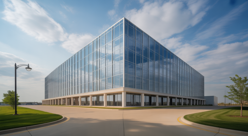 Photorealistic image of a modern commercial building in Iowa representing business property and casualty insurance