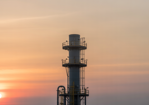 High-resolution photograph of an industrial flare stack with clean white background, showcasing the main safety and emission control equipment for chemical plants and refineries.
