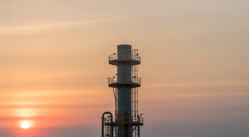 High-resolution photograph of an industrial flare stack with clean white background, showcasing the main safety and emission control equipment for chemical plants and refineries.