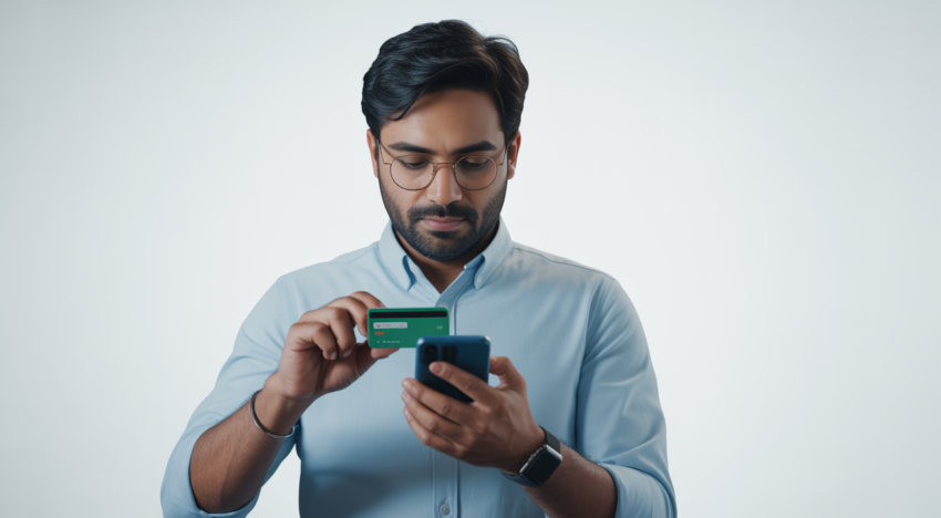 Photograph of an Indian person using a smartphone for UPI credit card payment with a clean white background