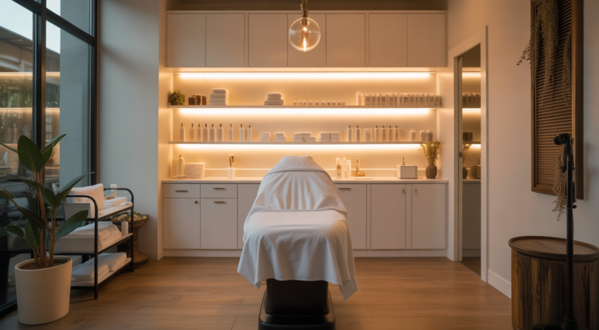 High-quality photorealistic image of a modern waxing salon treatment room with clean white background and professional setup