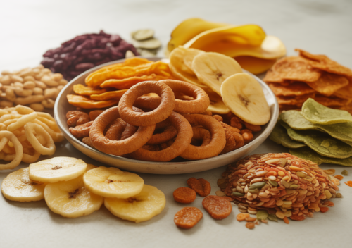 Photorealistic image of various preservative free Tamil snacks including banana chips, murukku, and seed mixes displayed on a white background