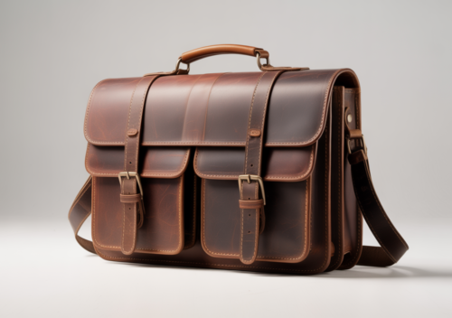 Close-up professional photograph of a vintage leather messenger bag highlighting its textured rich brown leather and classic design on a white background