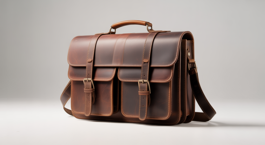 Close-up professional photograph of a vintage leather messenger bag highlighting its textured rich brown leather and classic design on a white background